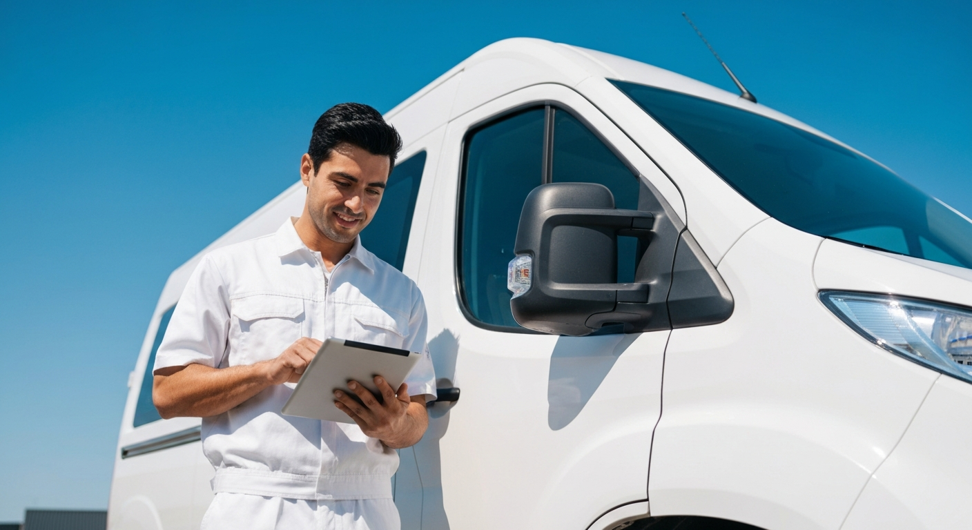 Professional tradesman using a tablet for field service management