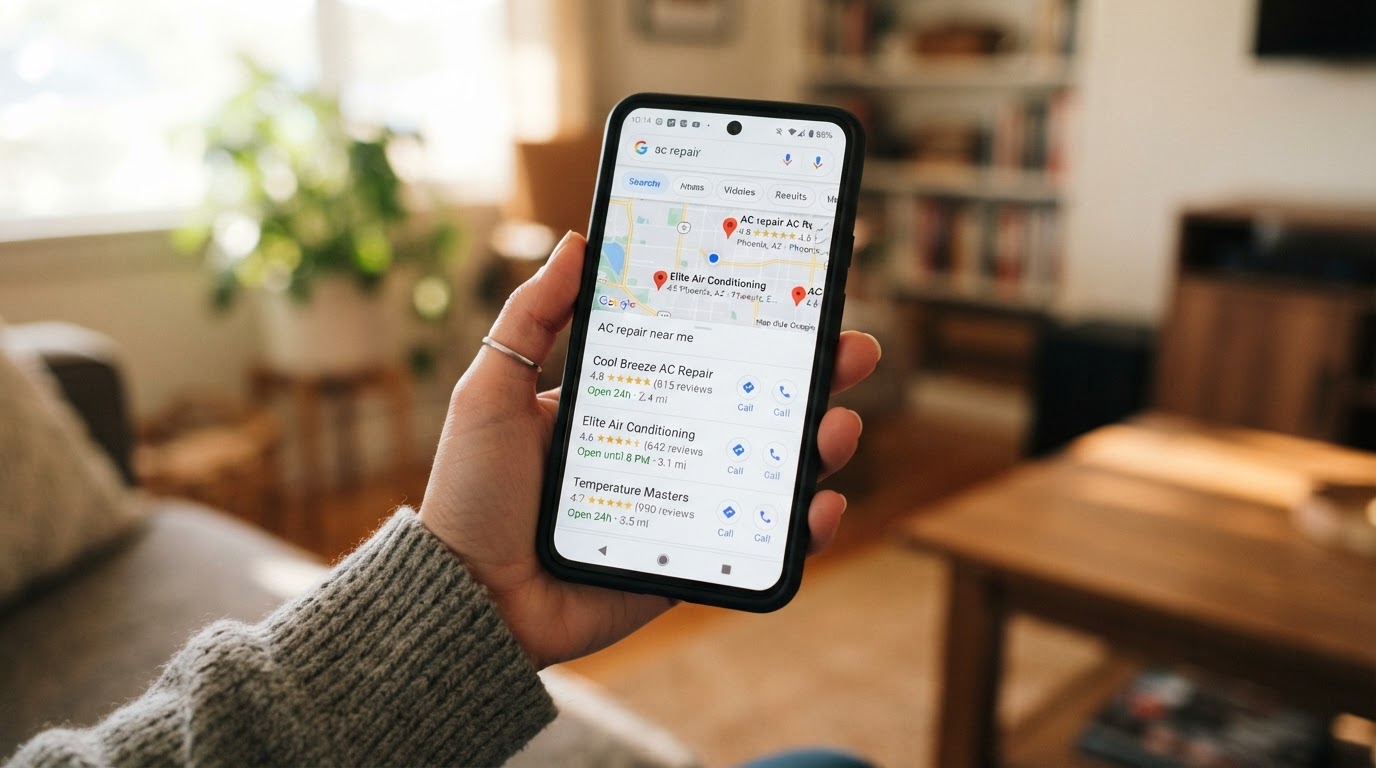Homeowner searching for AC repair on smartphone showing Google results
