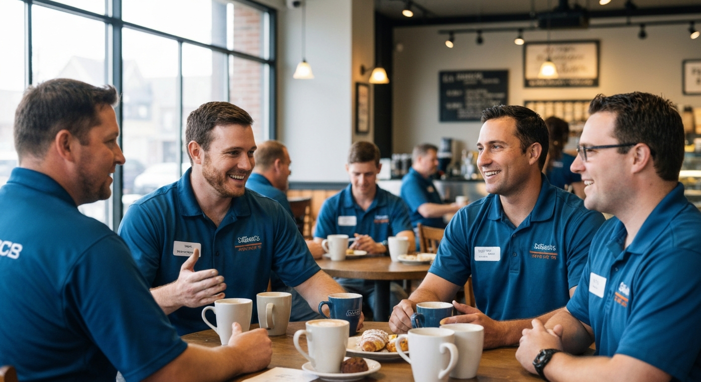 Local contractors and home service pros networking over coffee