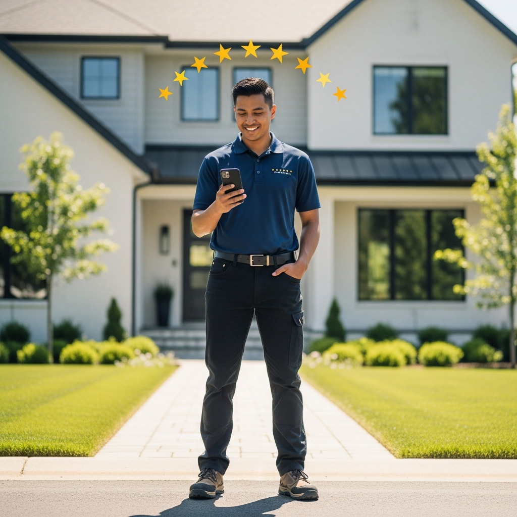 Contractor smiling at 5-star reviews on smartphone